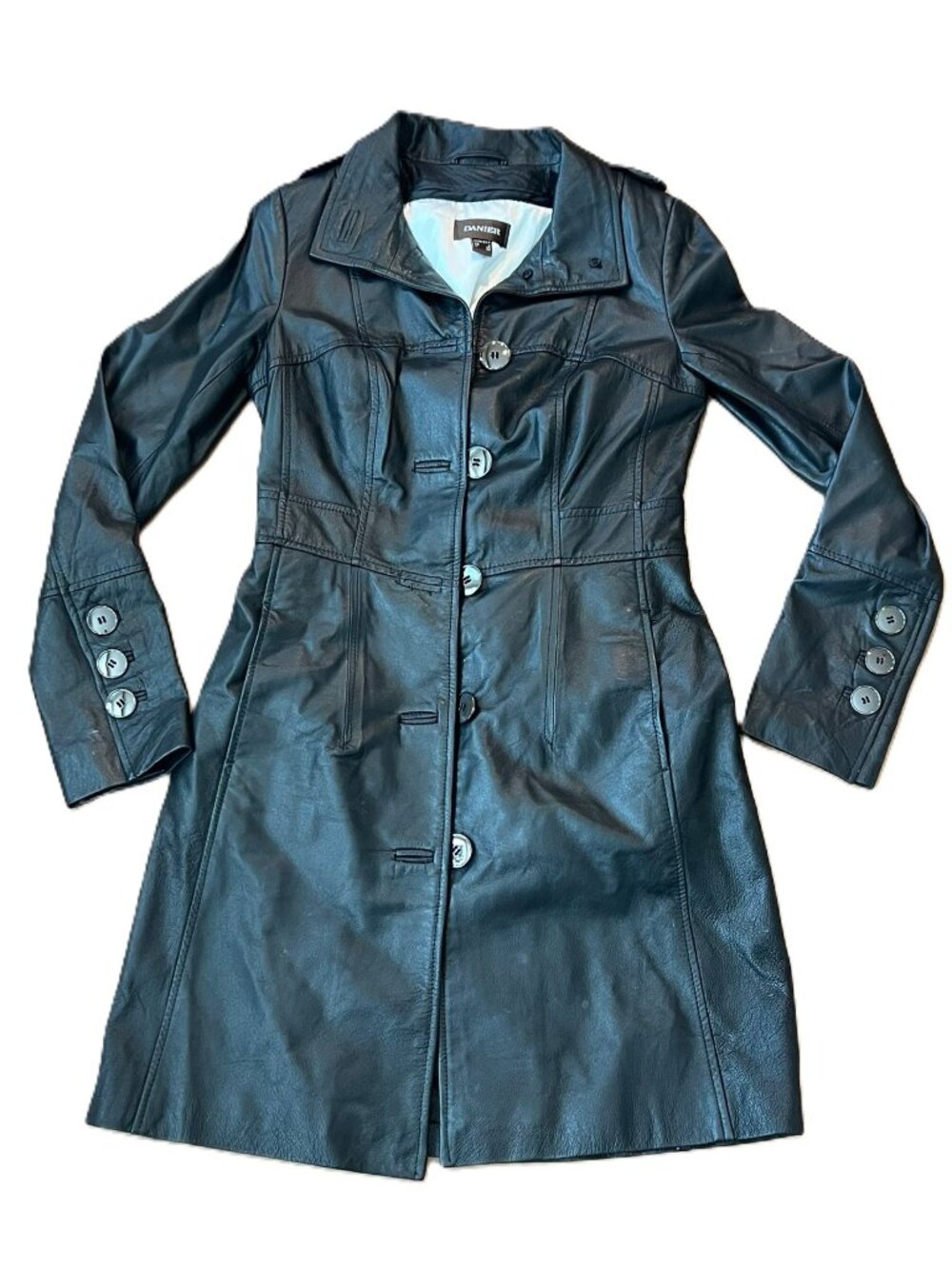 Danier Long Black Leather Button Up Coat with Insulated Vest Size 3XS Fitted